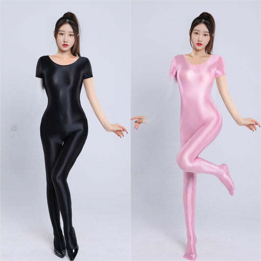 Short-Sleeved Oil Shiny Bodystocking