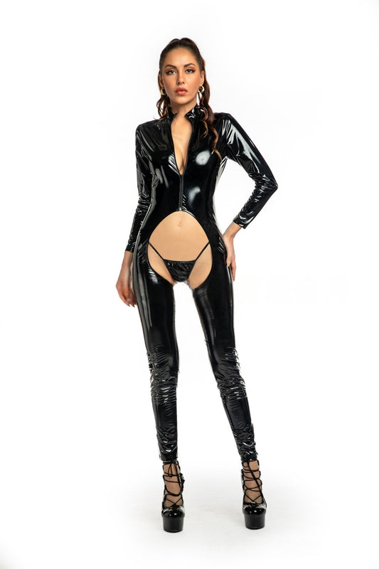 Black Leather One Piece Bodysuit