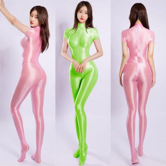 Short-Sleeved High Neck Oil Shiny Bodystocking