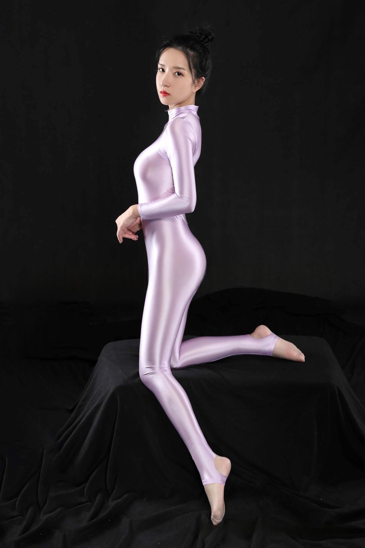 Long-Sleeved High Neck Oil Shiny Bodystocking Open Toe