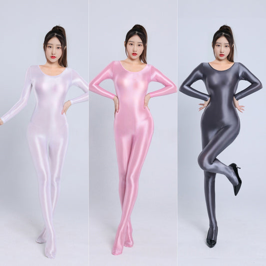 Long-Sleeved High Neck Oil Shiny Bodystocking
