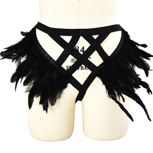 Black Panties Crotchless Revealing Bdsm Lingerie Harness Feather Thong