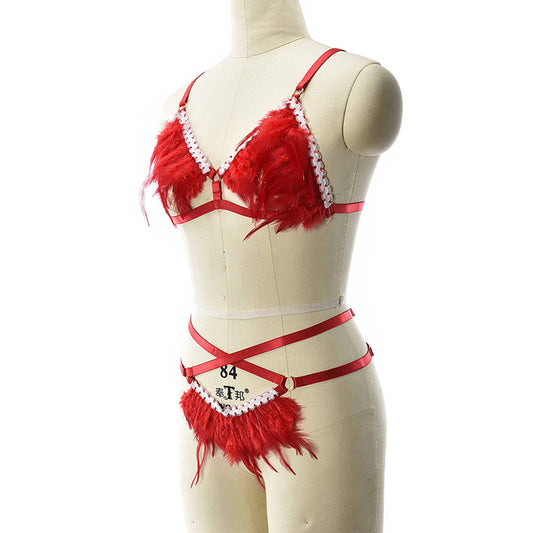 Intimate Sexy Lingerie Bra Set Women Black Body Harness Lingerie Feather Bra Panties