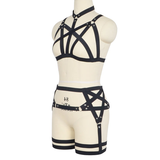 Latina Sexy Valentines Lingerie Set Women Black Body Harness Lingerie Strapy Bra Panties