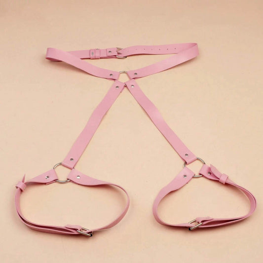Leather Thighs Red Harness With Cuffs