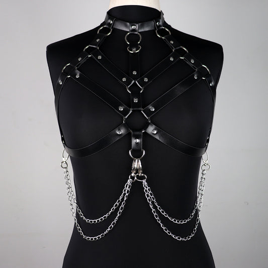 Leather Chest Harness Bra with Chains