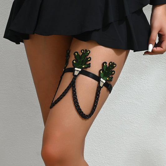 Black Chain Embroidered Cactus Leg Garter