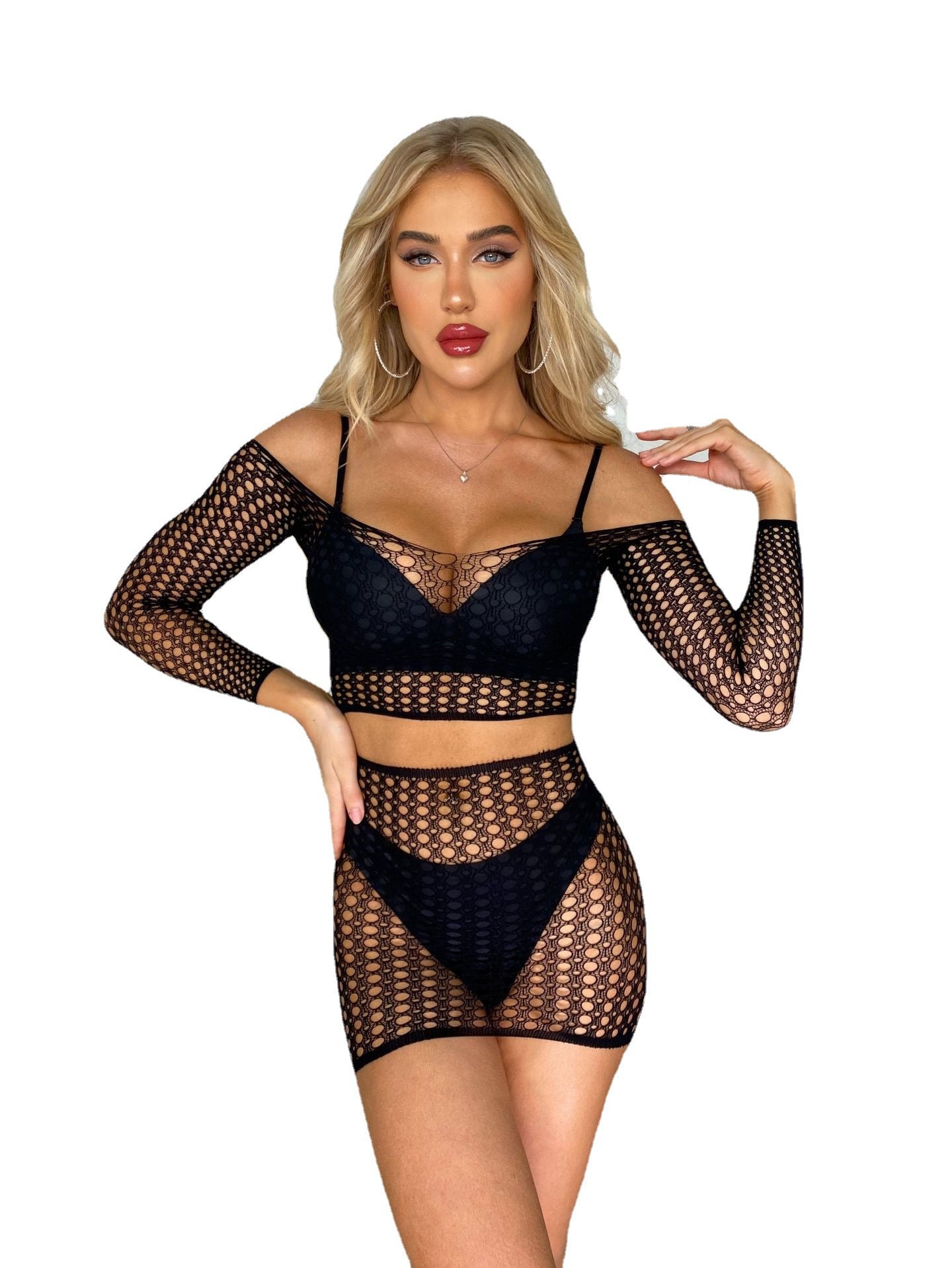 Revealing Sexy Blonde Lingerie Set Black Lingerie Mesh Couples Bra Panties