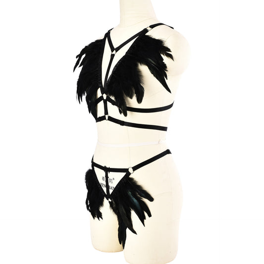 Revealing Sexy Crotchless Lingerie Set Women Bdsm Lingerie Harness Feather Bra Panties