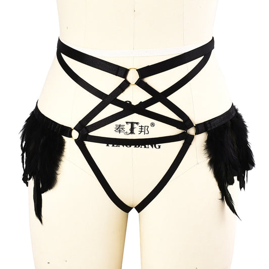 Sexy Crotchless Plus Size Panties Hot Body Harness Lingerie Feather Thong