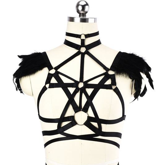 Slutty Bra for Sexy Women Black Body Harness Lingerie Feather Bra