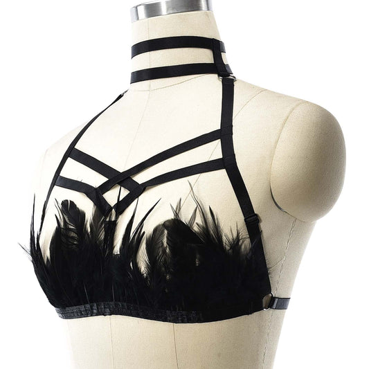 Strapy Sexy No Bra Black Body Harness Lingerie Feather Bra