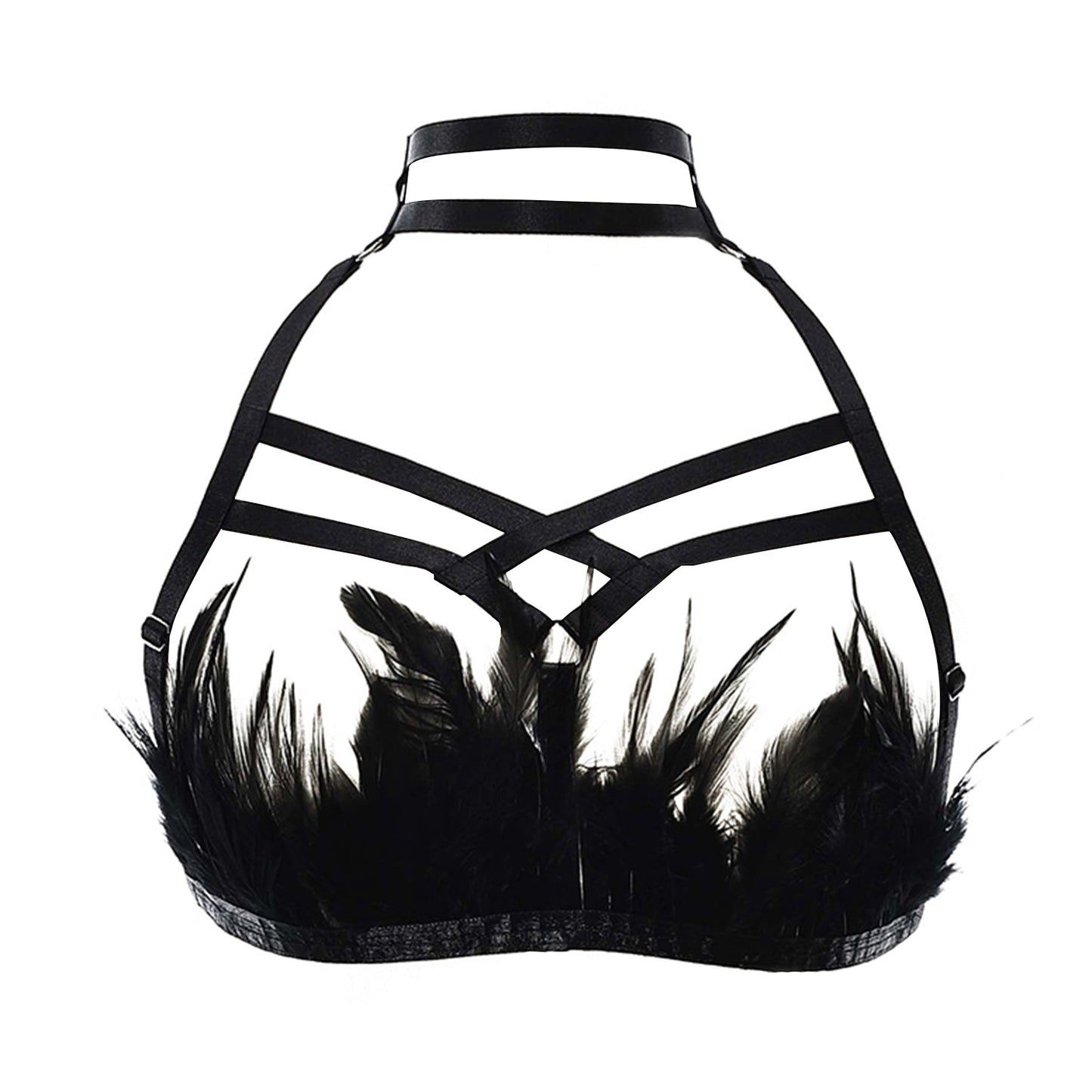 Strapy Sexy No Bra Black Body Harness Lingerie Feather Bra