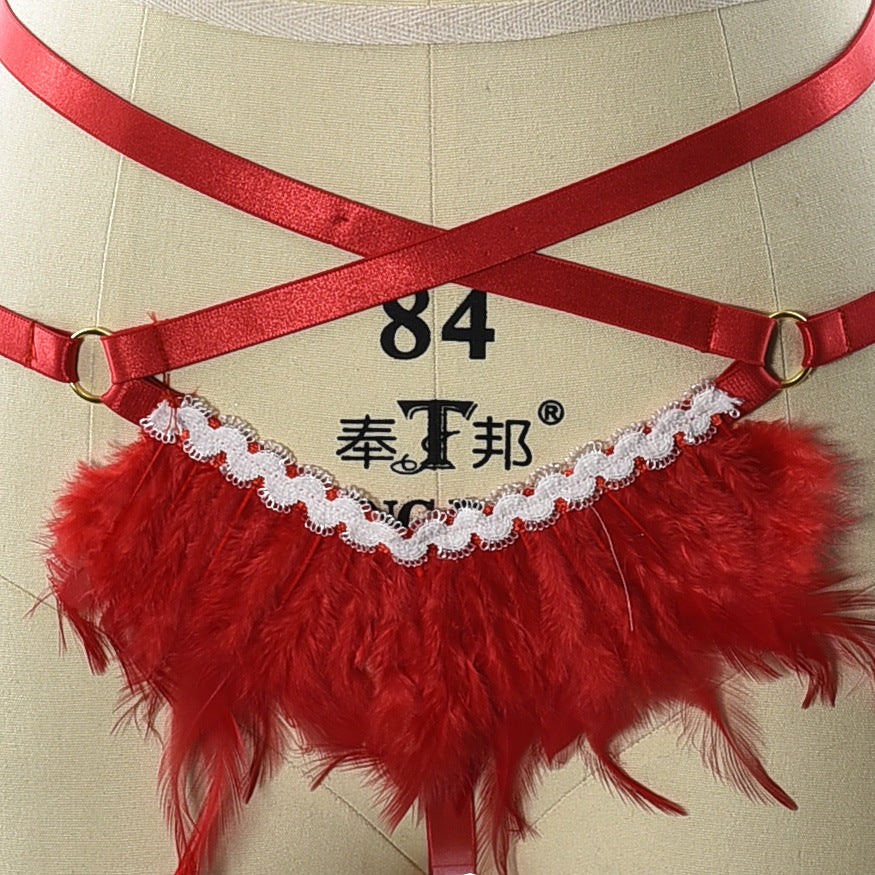 Submissive Black Crotchless Panties Chubby Black Body Harness Lingerie Feather Thong