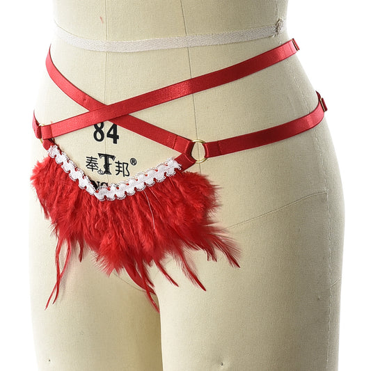 Submissive Black Crotchless Panties Chubby Black Body Harness Lingerie Feather Thong