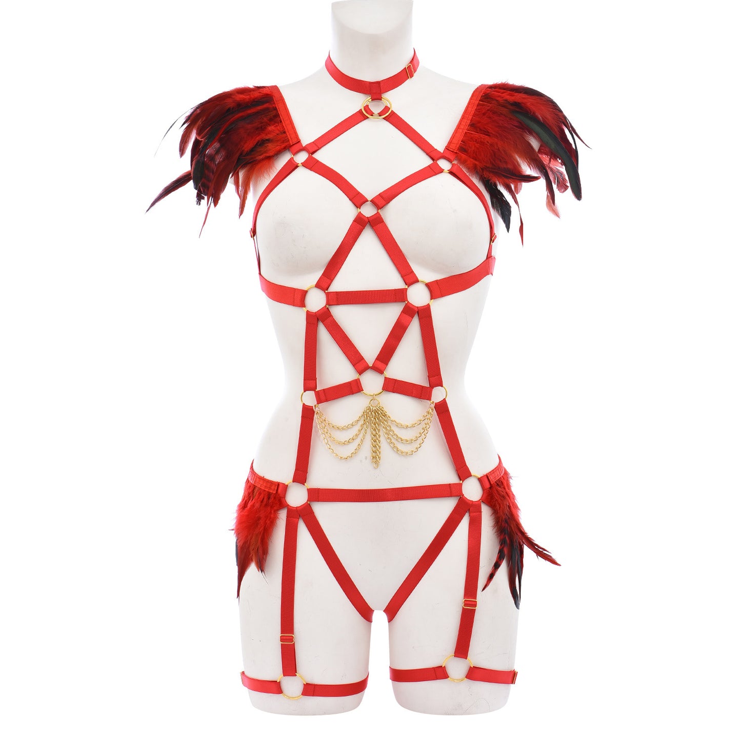 Women Bodysuit Intimate Bdsm Lingerie Harness Feather Bra Panties