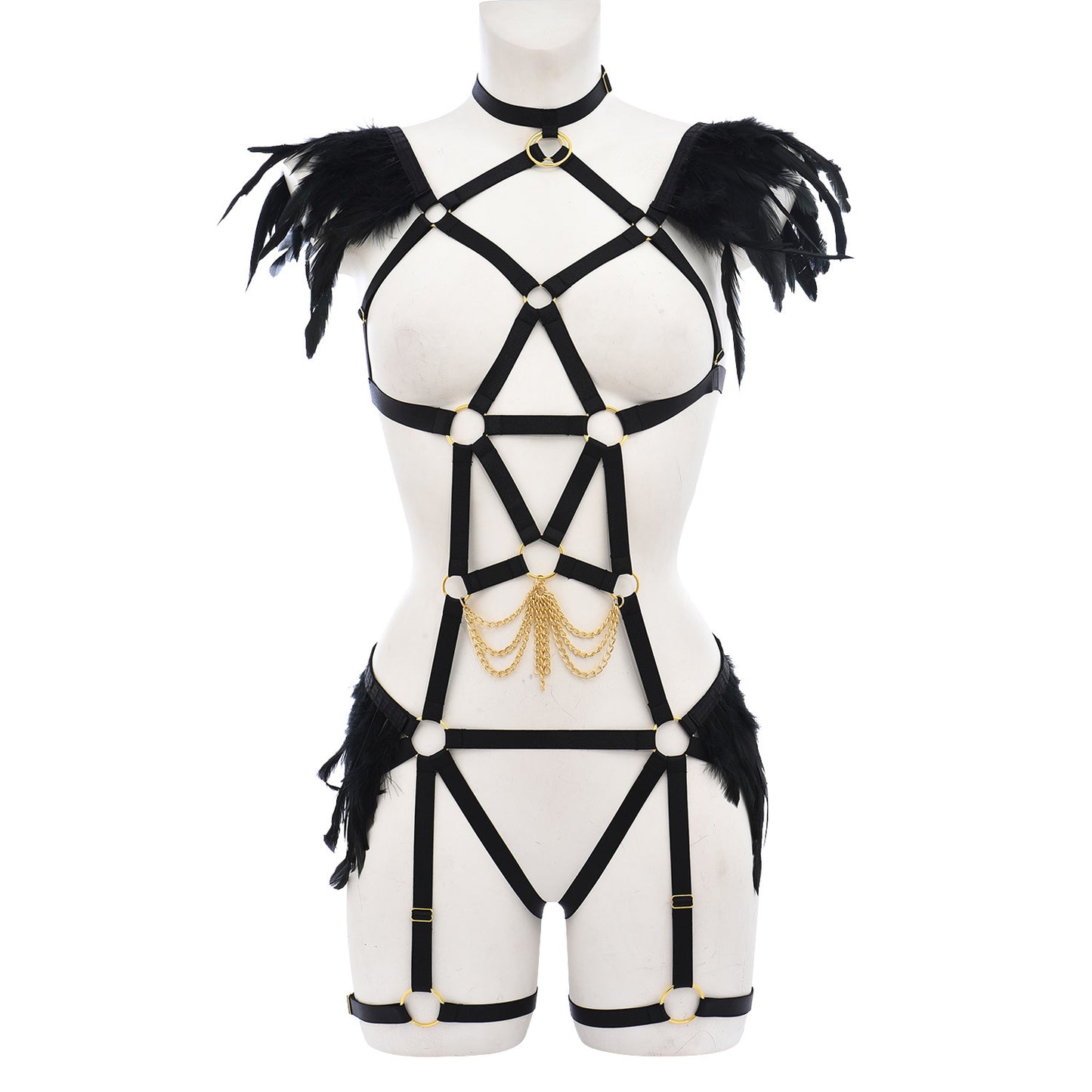 Women Bodysuit Intimate Bdsm Lingerie Harness Feather Bra Panties