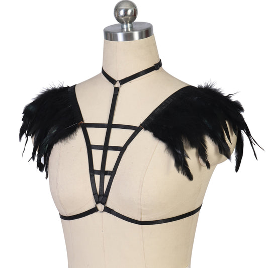 Women Bra for Sexy Slutty Black Body Harness Lingerie Feather Bra