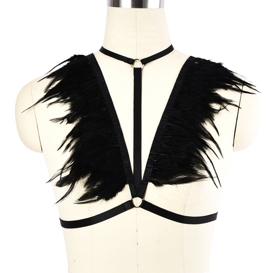Women Sexy No Bra Slutty Body Harness Lingerie Feather Bra