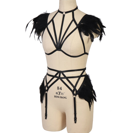 Women Sexy Valentines Lingerie Set Revealing Sexy Harness Lingerie Feather Bra Panties