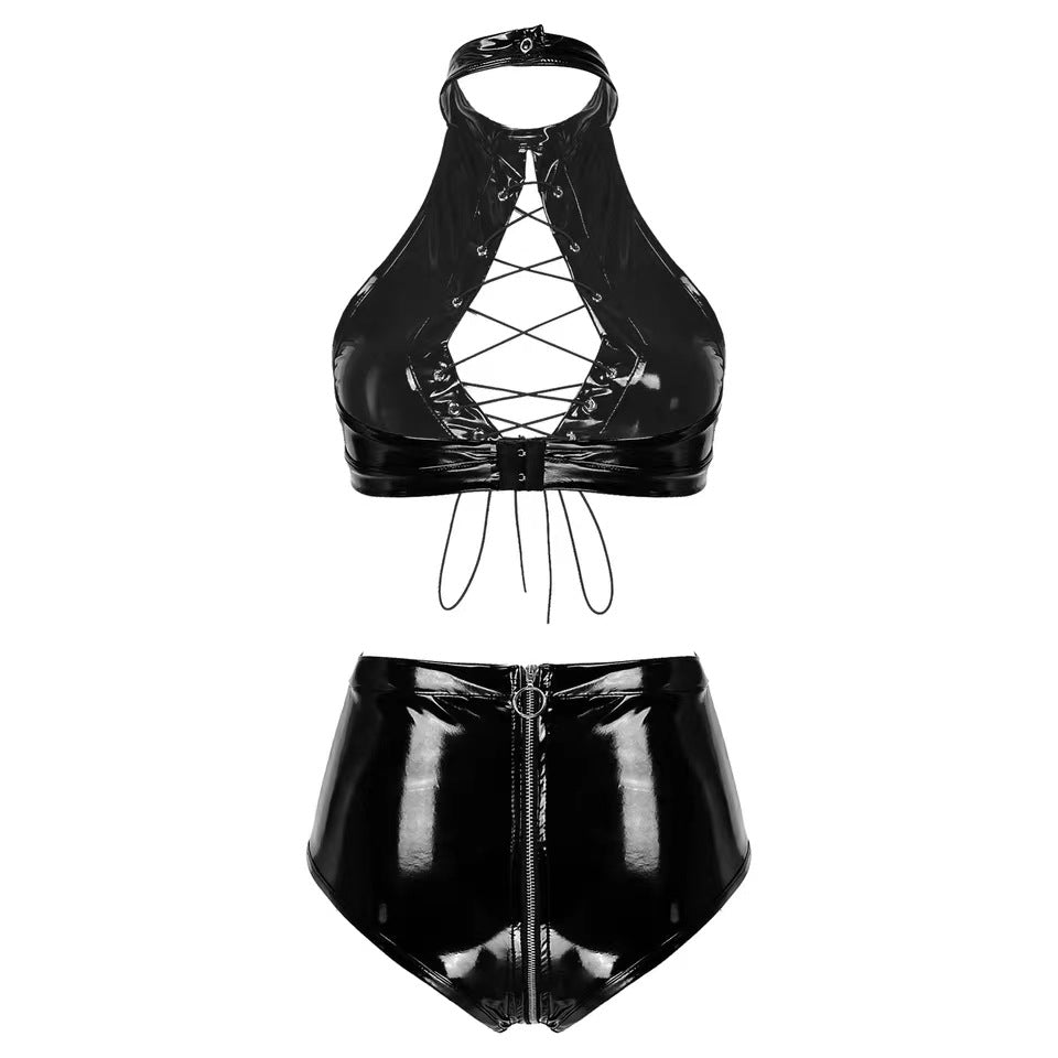 Womens Black Bodysuit Crotchless Sexy Leather Lingerie Latex Teddy