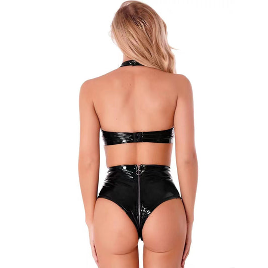 Womens Black Bodysuit Crotchless Sexy Leather Lingerie Latex Teddy