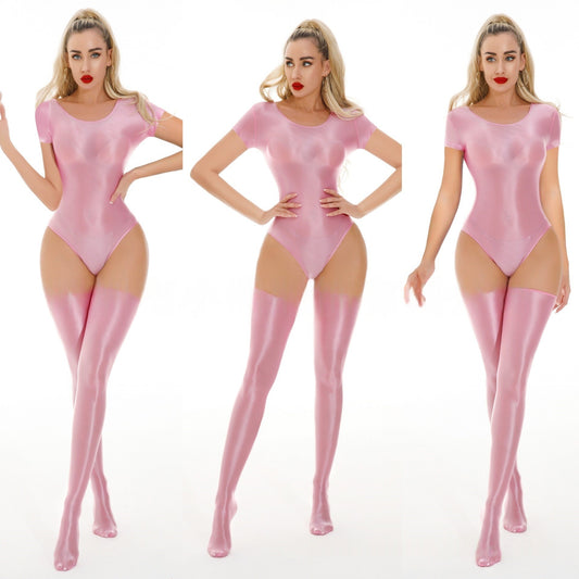 Short-Sleeved Oil Shiny Sexy Bodysuit
