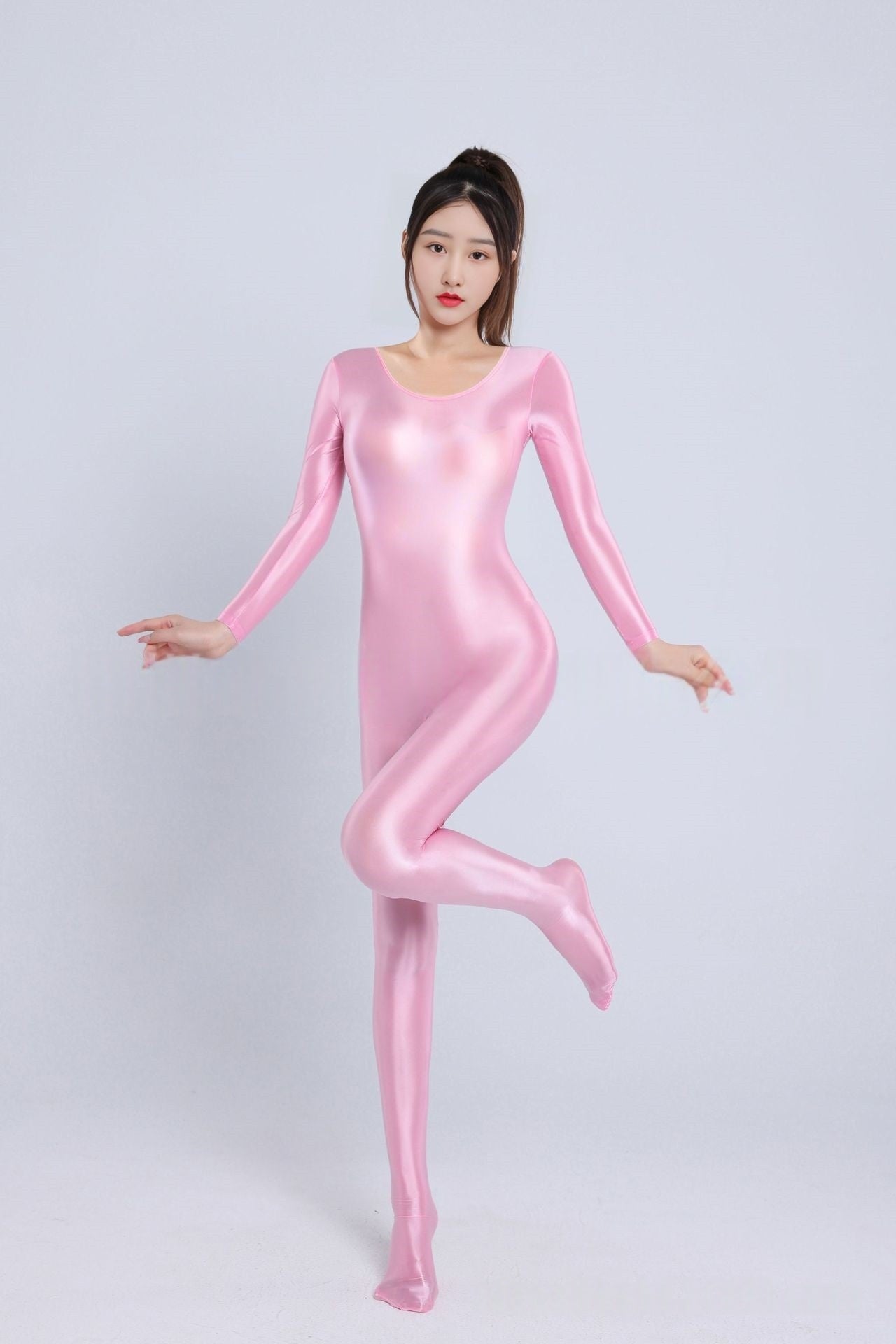Long-Sleeved High Neck Oil Shiny Bodystocking