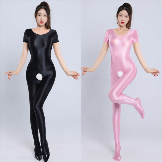 Short-Sleeved Oil Shiny Crotchless Bodystocking