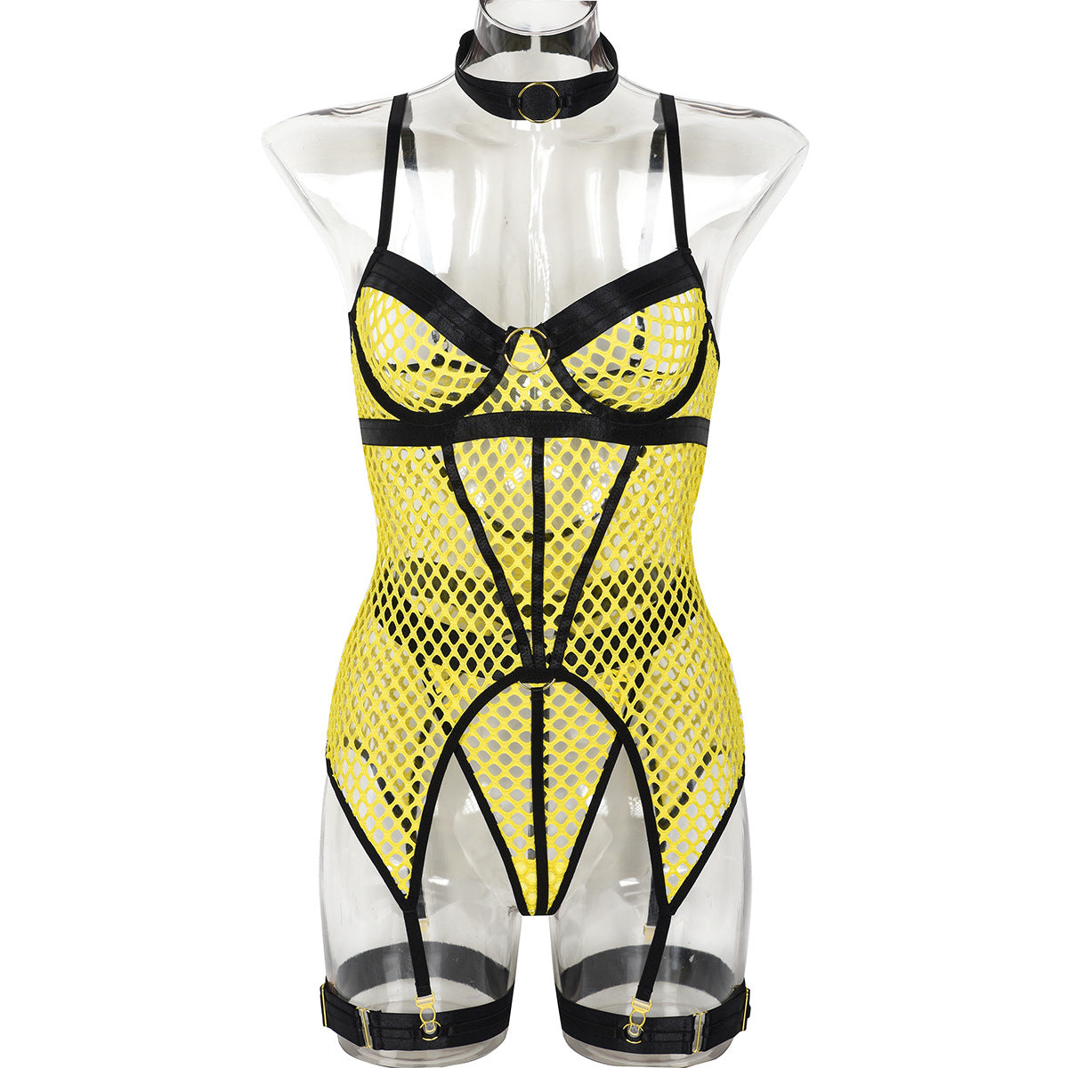 Red Fishnet Mesh Corset Bodysuit See Through Lingerie Strappy Bustier