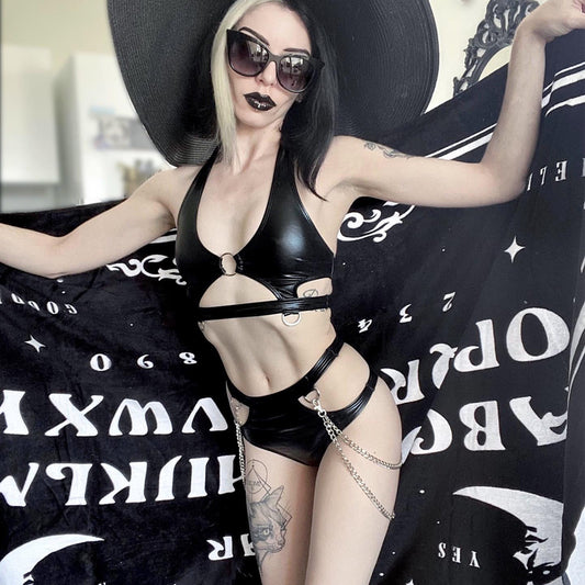 Sexy Leather Lingerie Hot Mature Black Bra and High Waisted Panty