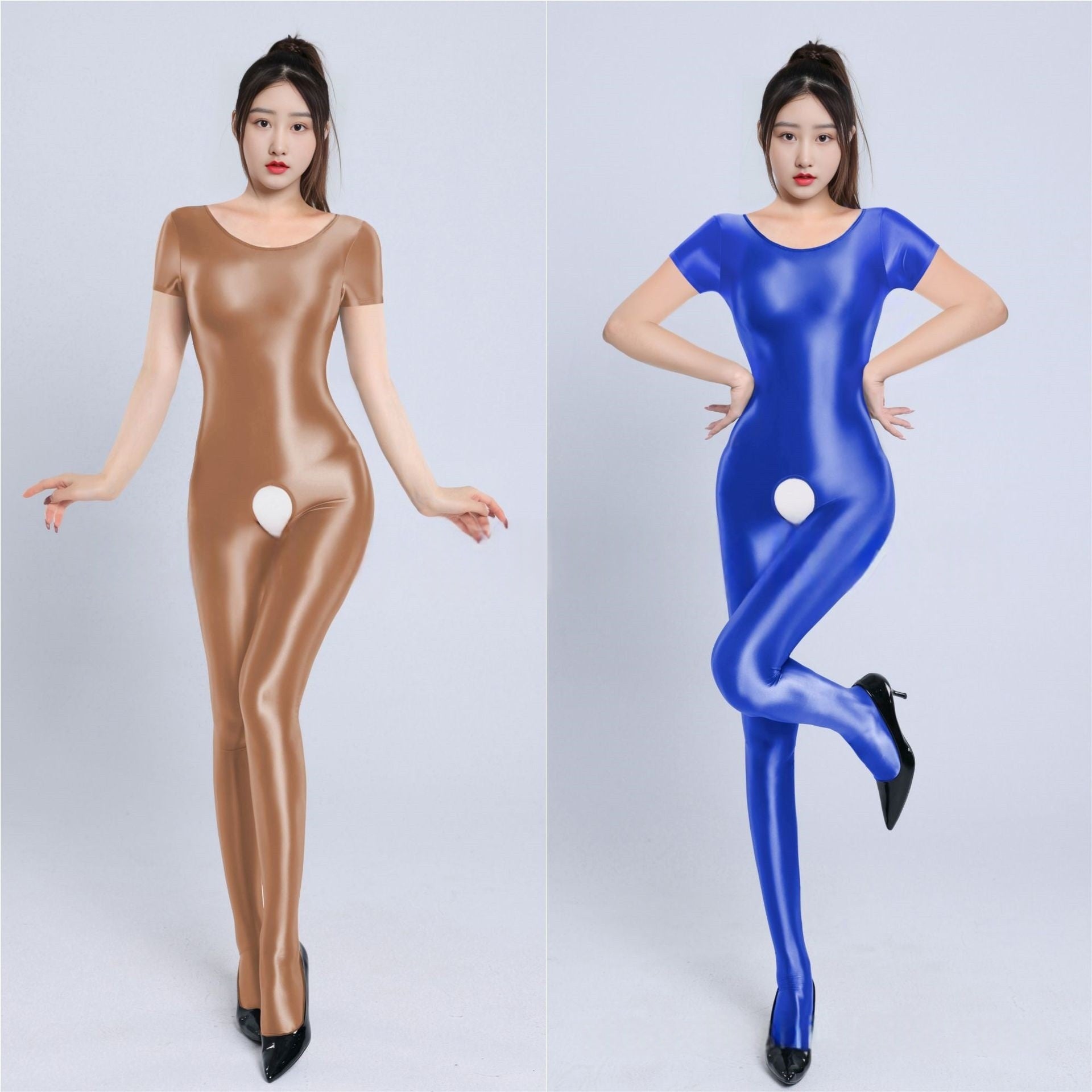 Short-Sleeved Oil Shiny Crotchless Bodystocking