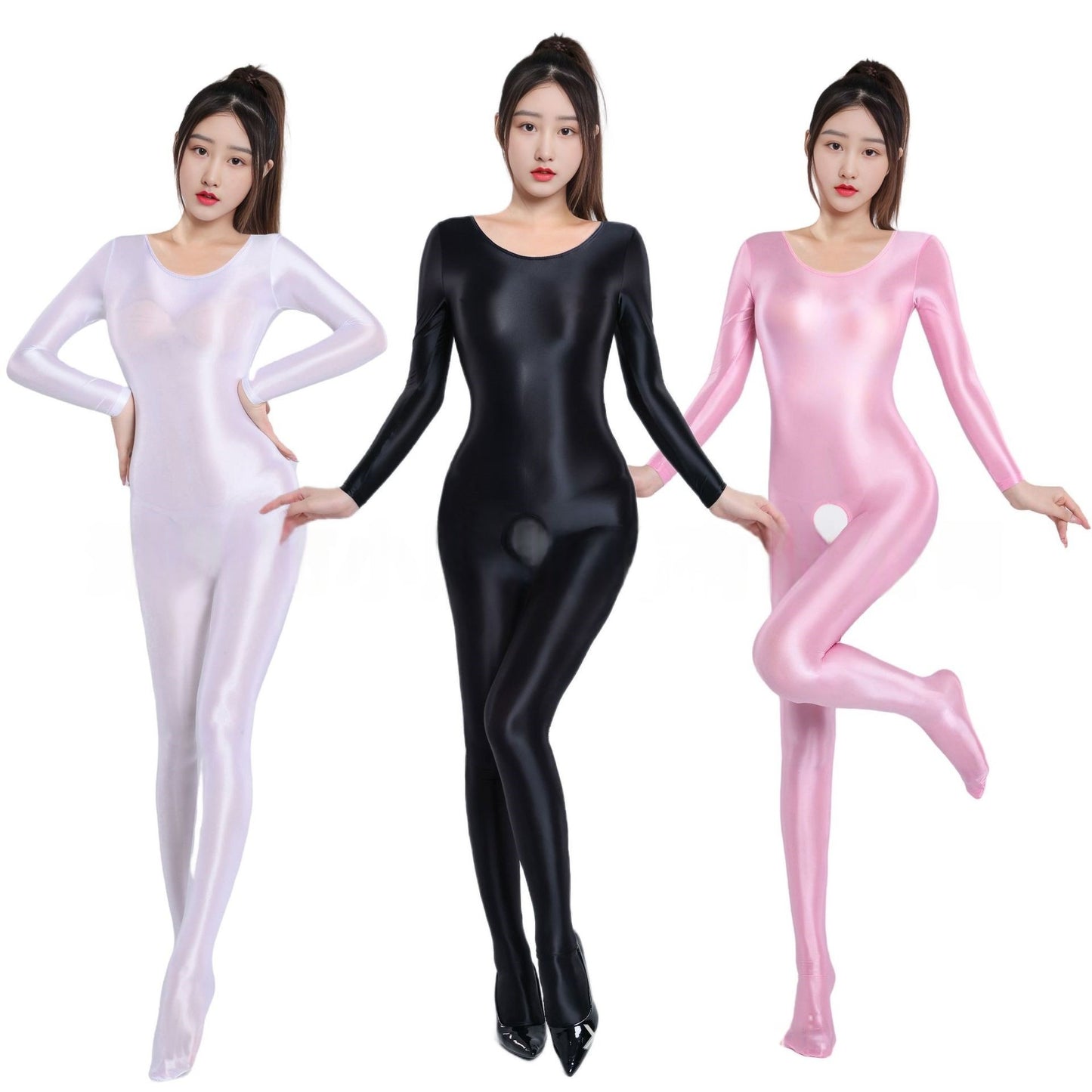 Long-Sleeved Oil Shiny Crotchless Bodystocking