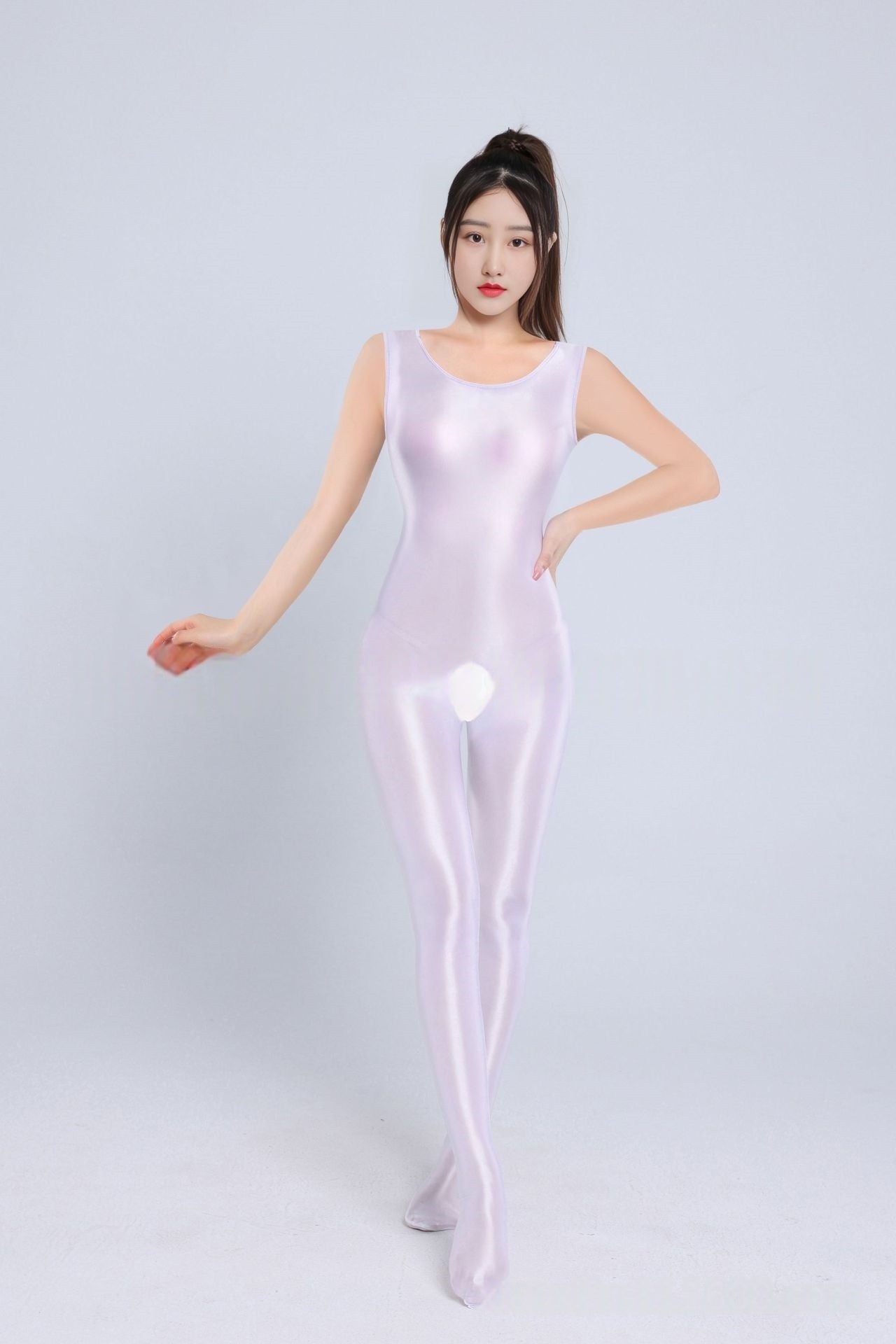 Sleeveless Oil Shiny Crotchless Bodystocking