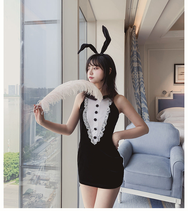 Submissive White Bunny Sexy Costume Playboy Role Playing Lingerie Dress Slutty