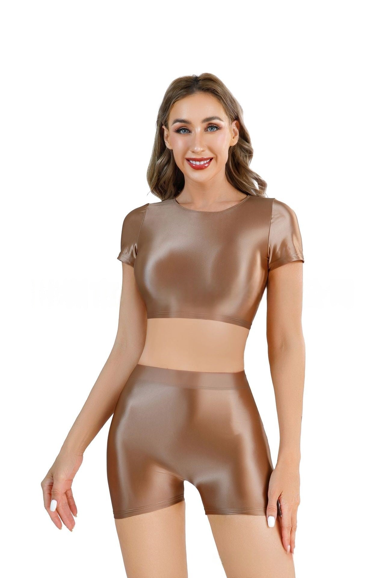 Oil Shiny Sexy Croptop With Shorts