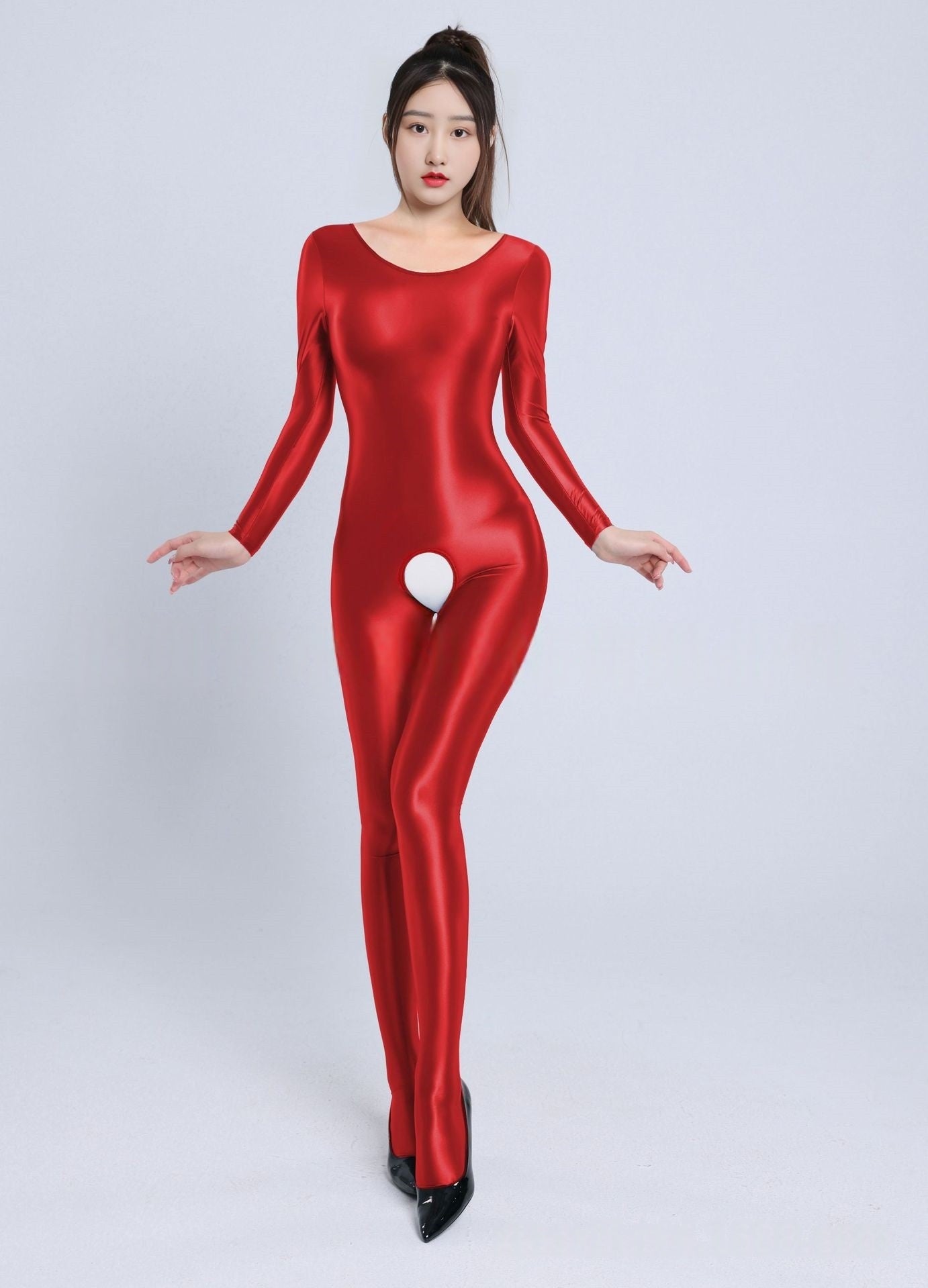 Long-Sleeved Oil Shiny Crotchless Bodystocking