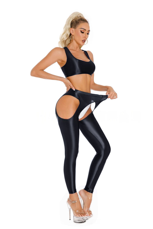 Oil Shiny Sexy Crotchless Leggings