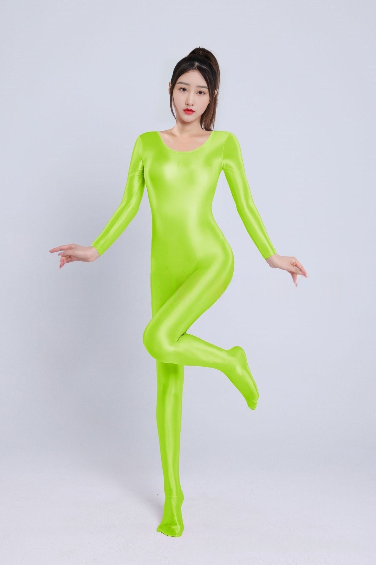 Long-Sleeved High Neck Oil Shiny Bodystocking