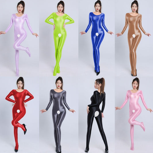 Long-Sleeved Oil Shiny Crotchless Bodystocking