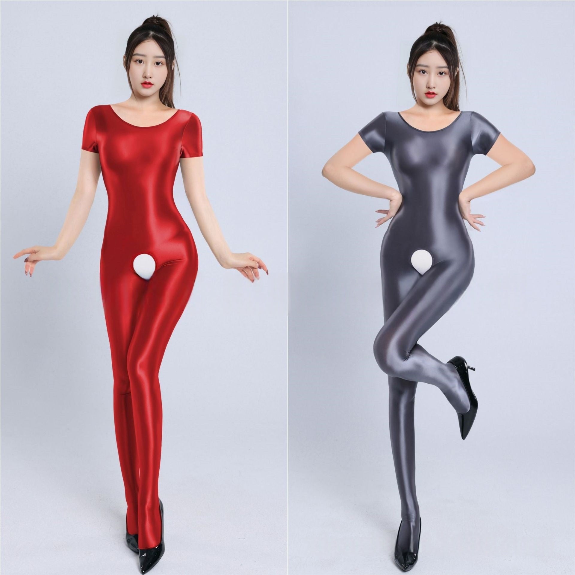 Short-Sleeved Oil Shiny Crotchless Bodystocking