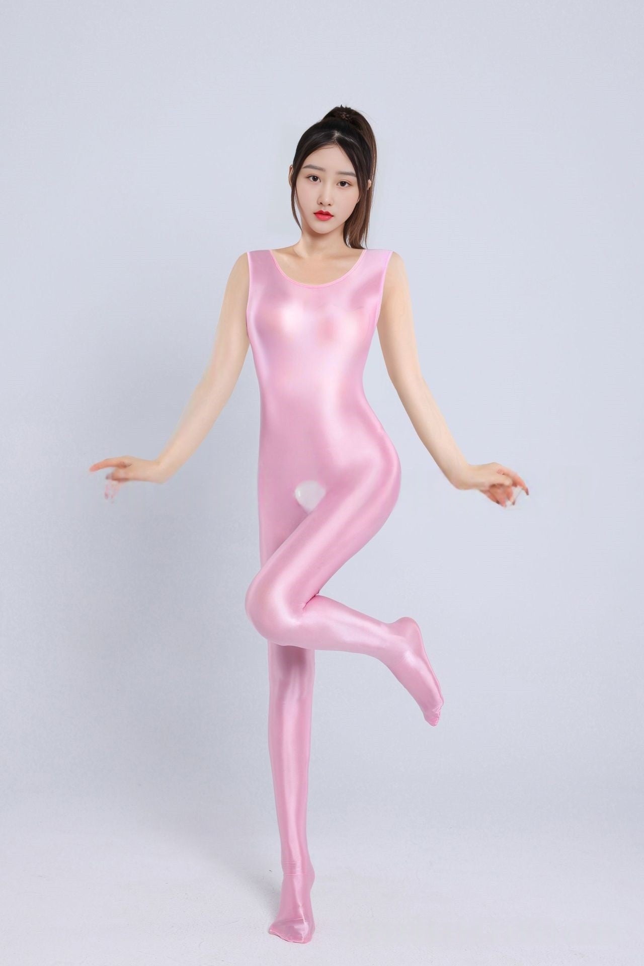 Sleeveless Oil Shiny Crotchless Bodystocking