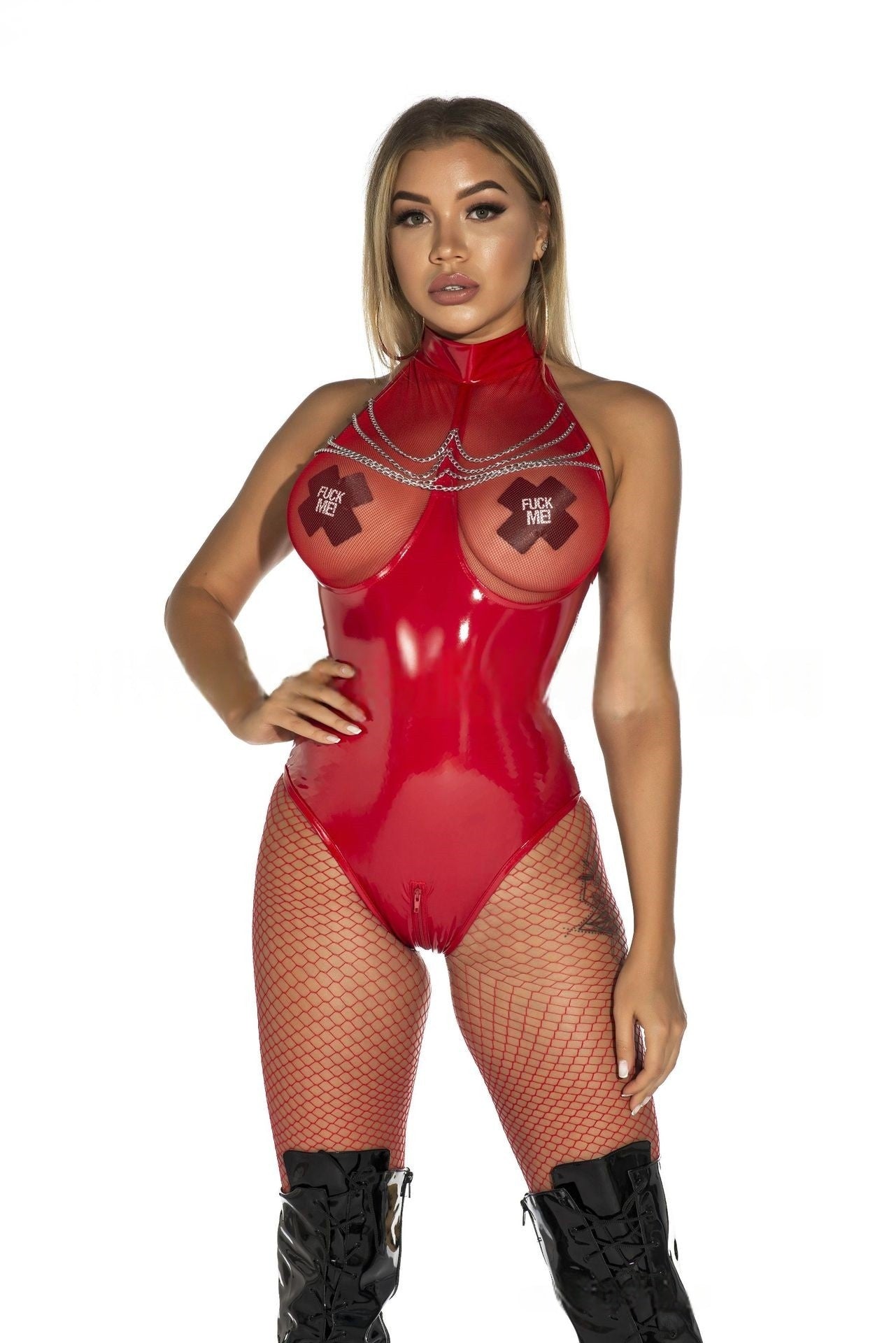 Vinyl Peek-A-Boo Chain Bodysuit