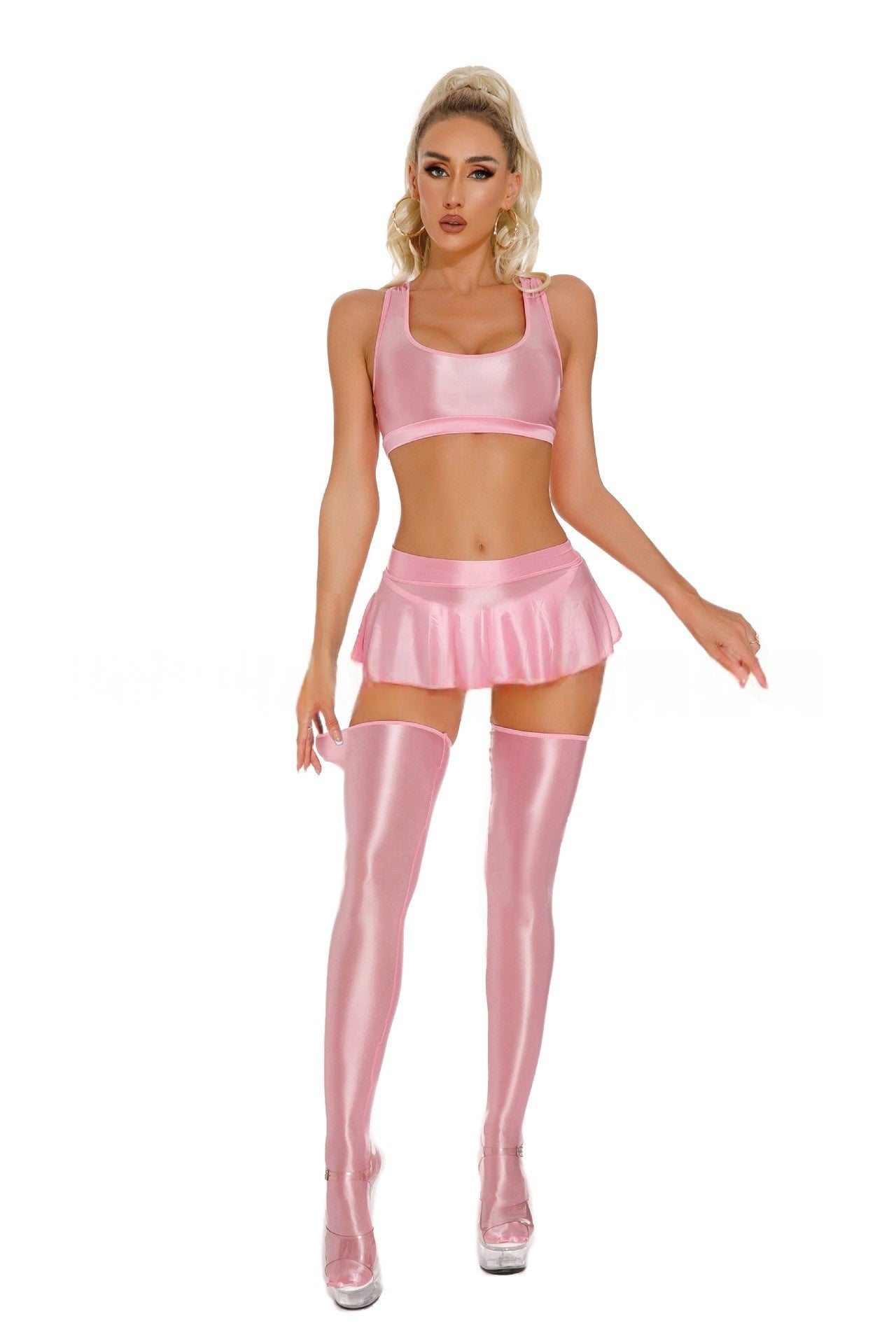 Oil Shiny Sexy Skirt Set Cheerleader