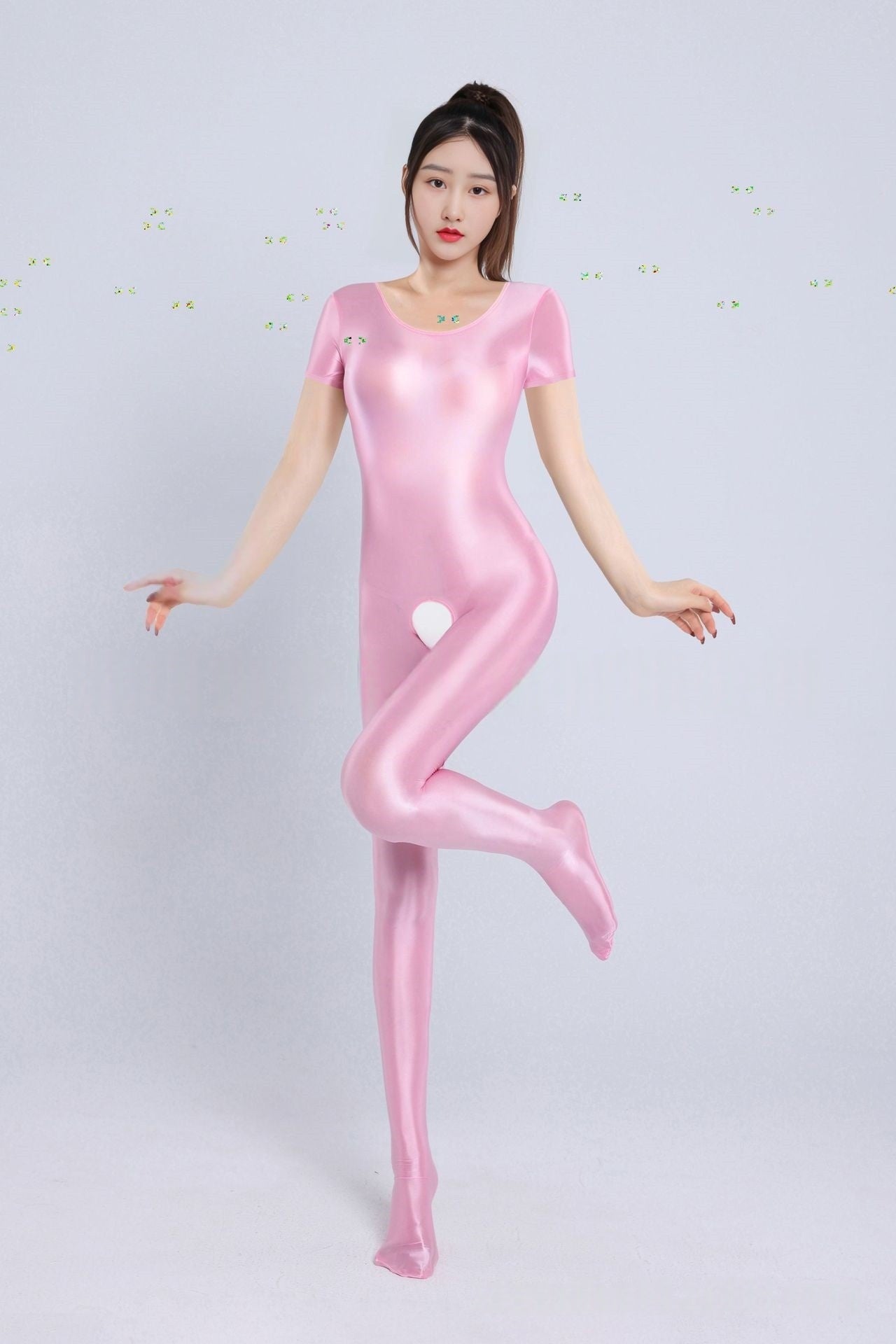 Short-Sleeved Oil Shiny Crotchless Bodystocking