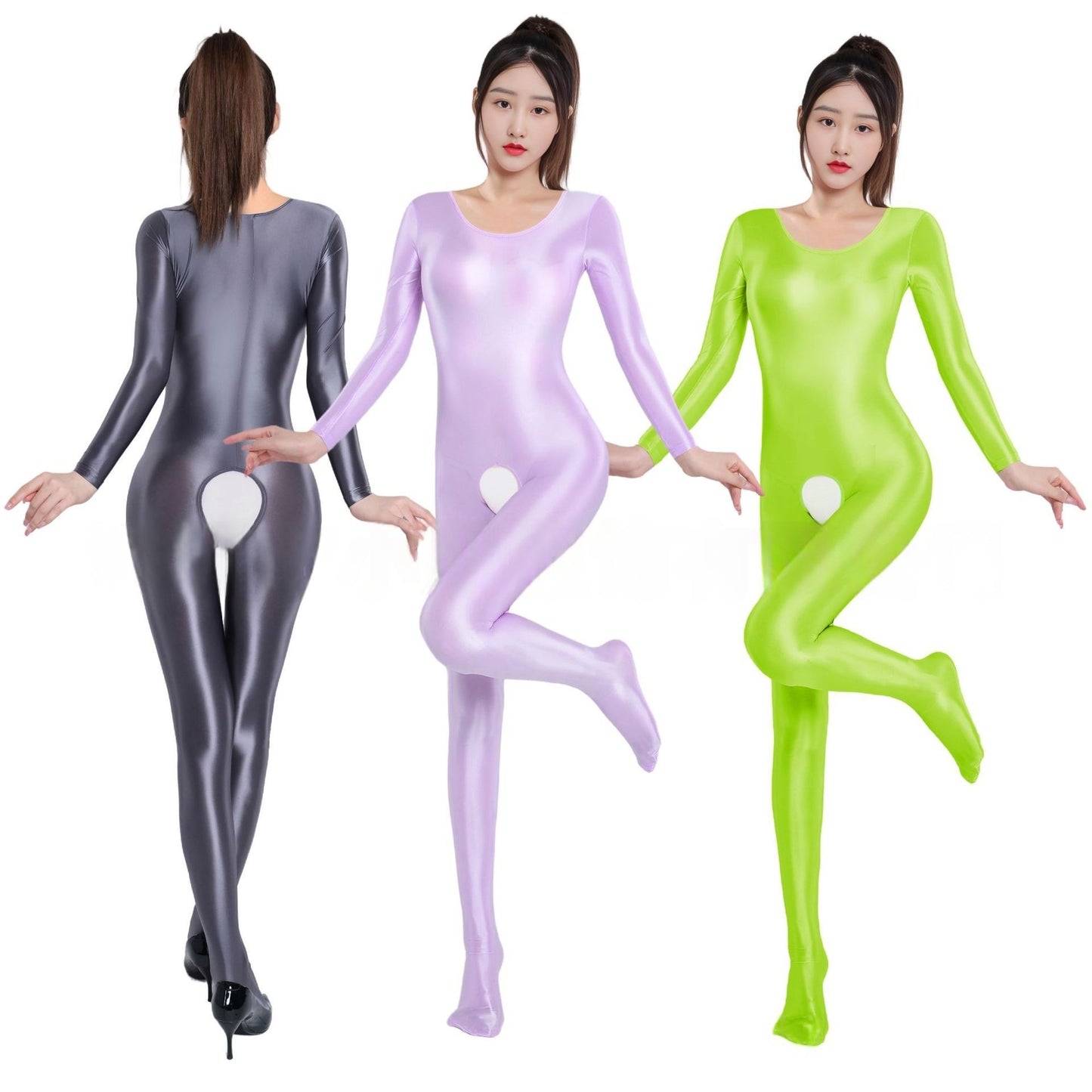 Long-Sleeved Oil Shiny Crotchless Bodystocking