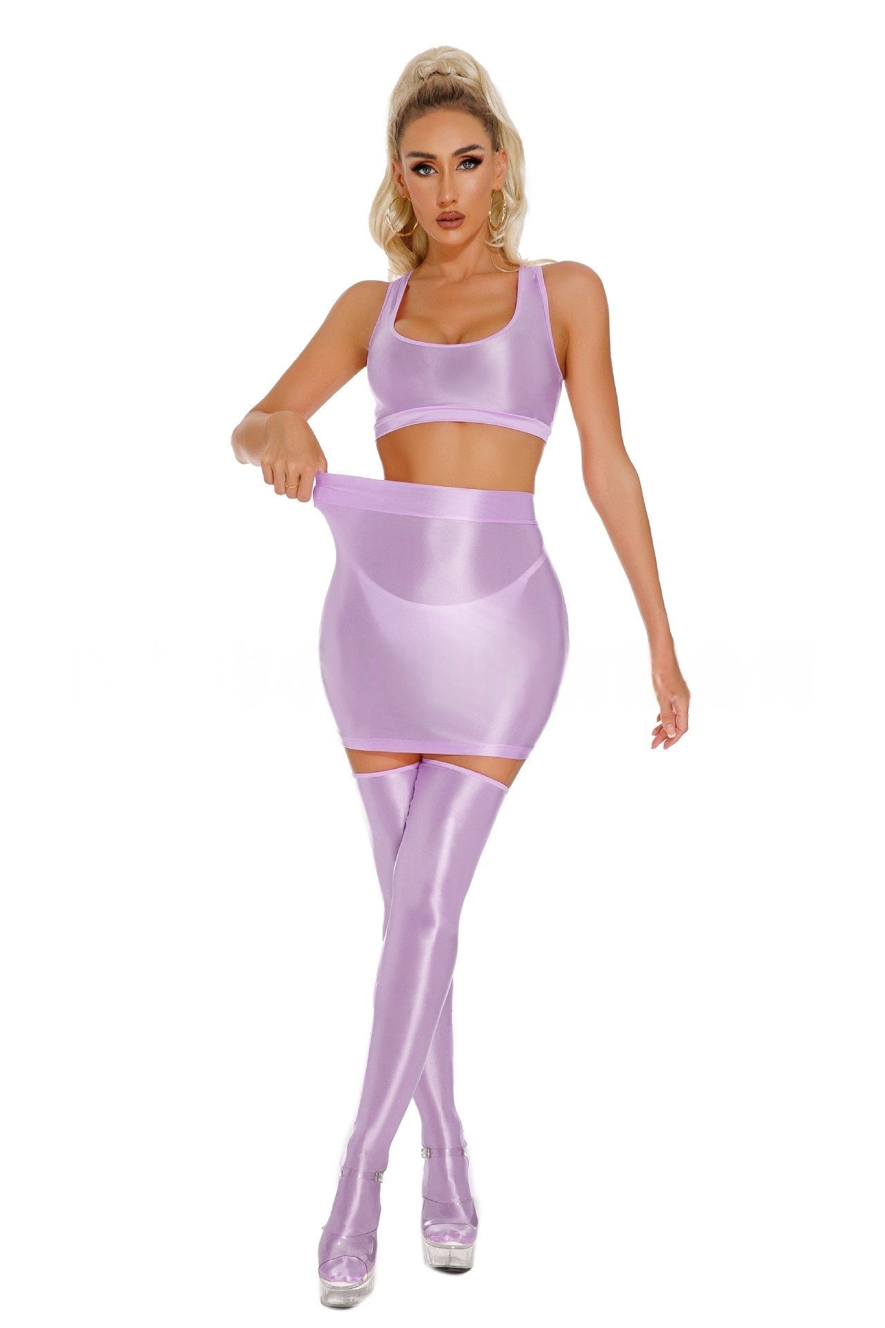 Oil Shiny Sexy Bodycon Skirt Set
