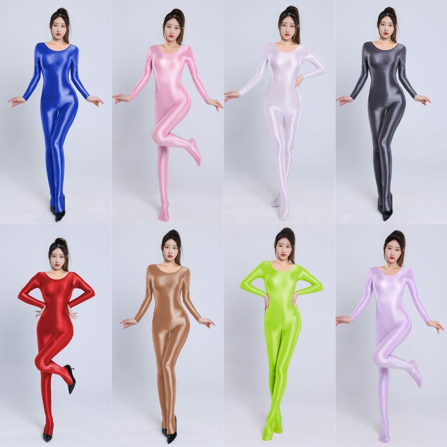 Long-Sleeved High Neck Oil Shiny Bodystocking