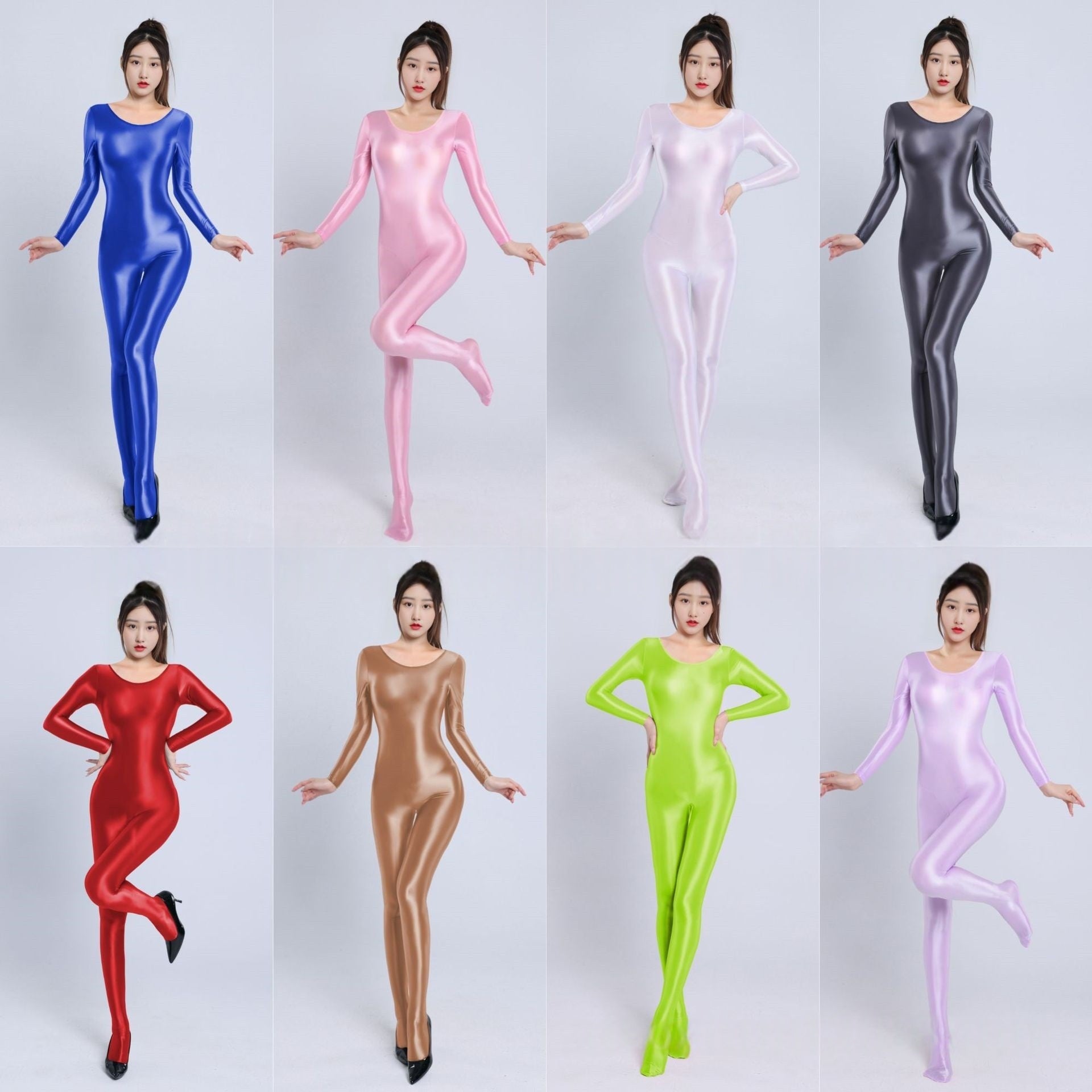 Long-Sleeved High Neck Oil Shiny Bodystocking