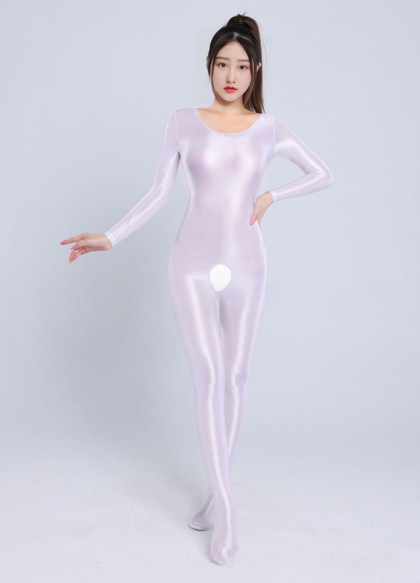 Long-Sleeved Oil Shiny Crotchless Bodystocking